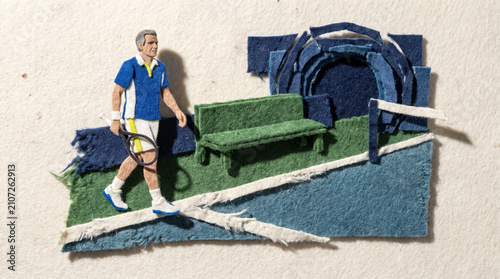 Player walking onto tennis court with green seating area  