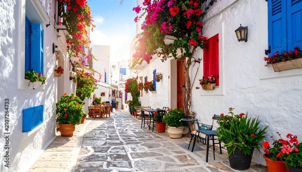 Fototapeta premium Colorful Greek village street with flowers.