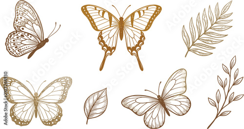 Vintage gold butterfly and botanical vector set with detailed sketch line art butterflies leaves and branches design elements