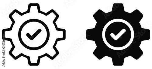 Gear Checkmark Technology Success Icon Set Showing System Settings Verification Technical Service and Maintenance
