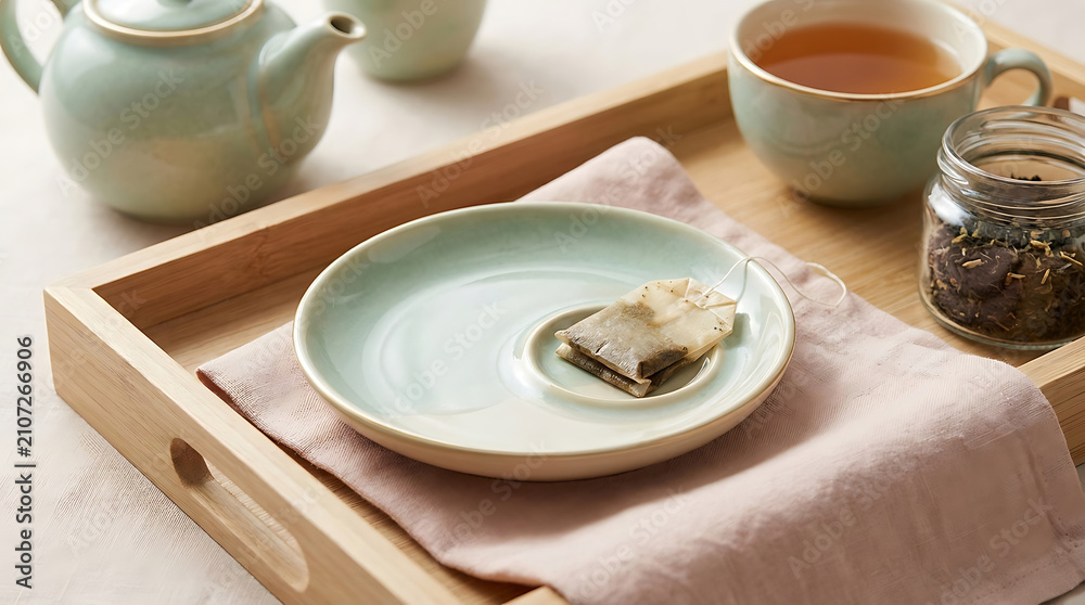 Fototapeta premium Tea bag resting on a light green ceramic saucer with teapot and cup on a wooden serving tray