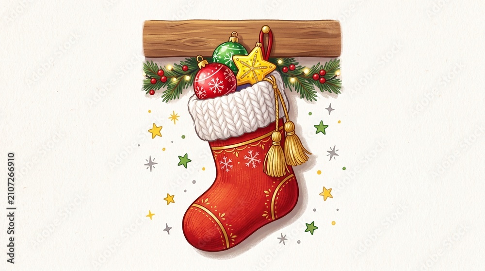 Obraz premium Vibrant christmas stocking hanging on wooden beam with festive decorations