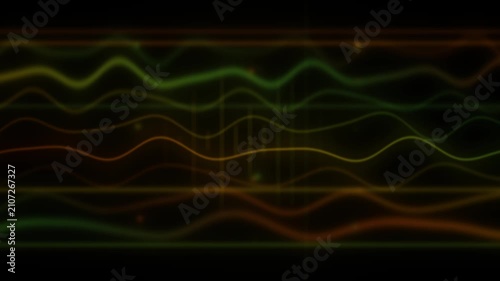 Seamless looping animation of abstract wavy light lines in green and orange colors on a dark background