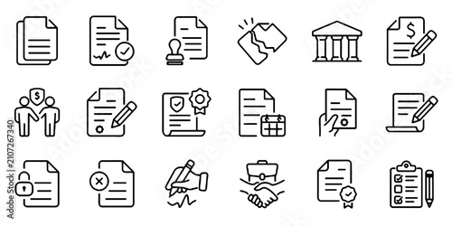 Billede på lærred Collection of Legal document line icons, including business, corporate, partnership, agreement, certificate, business contract, client