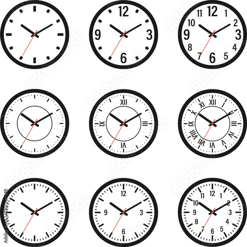 Clock icon set vector wall clocks collection black round watches isolated on white background