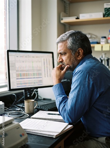 South Asian Man Analyzing Genomic Data at Lab Desk