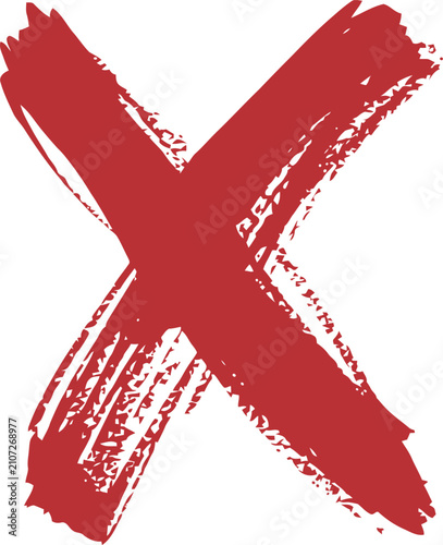 Foto Red cross symbol drawn with rough brush strokes on transparent background, represents negation