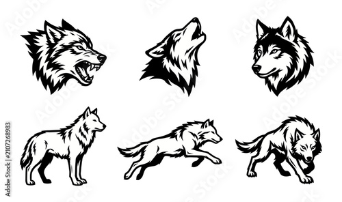 Cuadro en lienzo Set of six black and white wolf various poses including howling, snarling, stand
