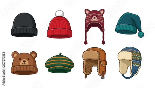 Winter hat vector icon set with cozy knit beanies beret and ushanka earflap caps isolated on white background, 17 words.
