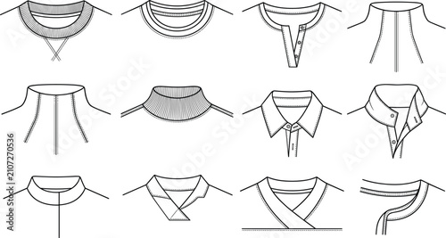 Tableau sur toile Technical CAD Line Drawing Collection of Shirt Collars Necklines Plackets and Ga