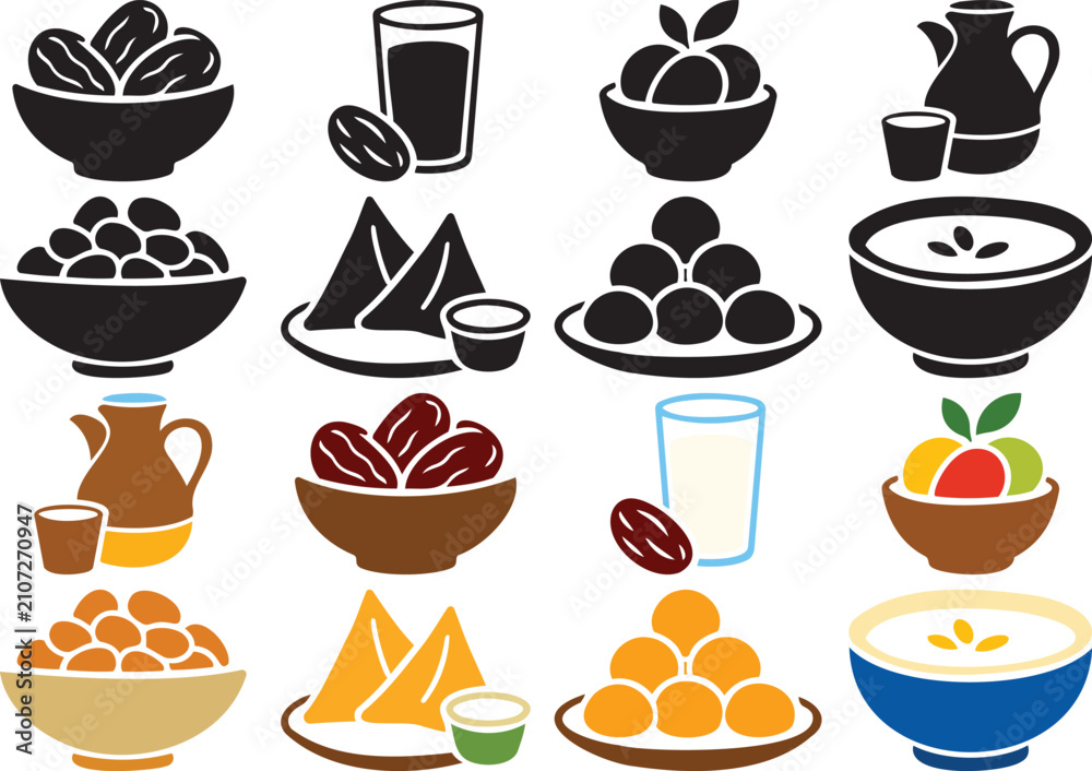 Fototapeta premium Iftar Food and Ramadan Meal Icons with Dates, Samosa and Drinks.