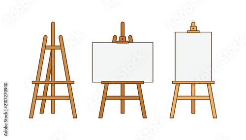 Wooden artist easel set with blank white canvas boards vector illustration of painting stands isolated on white background