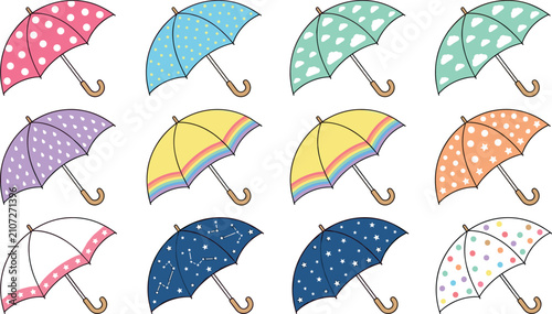 Photos Colorful Patterned Umbrella Icon Collection Featuring Polka Dots, Rainbows, Star