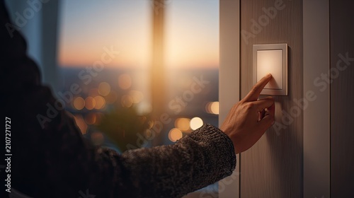 Hand reaching for a wall light switch near a window at sunset, smart home control, energy management, modern comfort, connected living