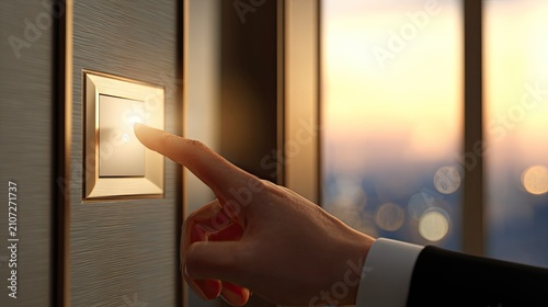 Close finger touching a wall switch beside a window at sunset, lighting control, smart home technology, energy saving, modern comfort