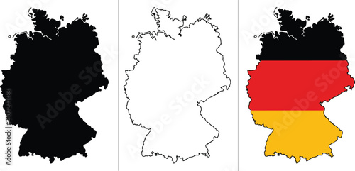Photos Germany map icons, outline and national flag designs for travel branding educati