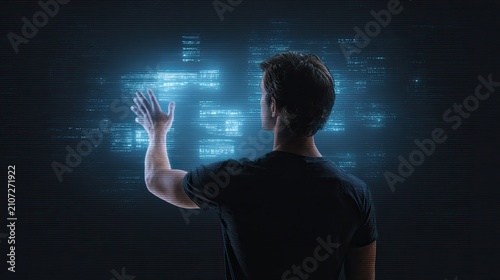 Man viewed from behind interacting with a large virtual data screen, digital transformation, artificial intelligence, immersive technology,  future workplace