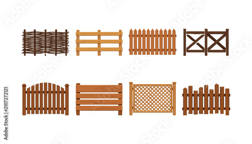 Wooden fence vector icon set with different timber pickets wicker panels and ranch gates isolated on white background, 18 words.