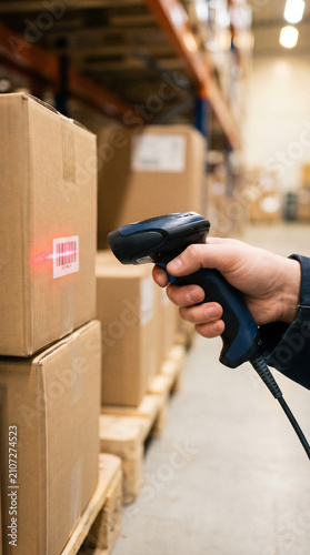 Close up of a worker scanning a barcode on a cardboard package for inventory tracking in a warehouse.