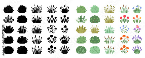 Garden plant and bush vector icons, set of 50 botanical shrubs and flowers, black silhouettes and colorful flat nature elements for landscape design