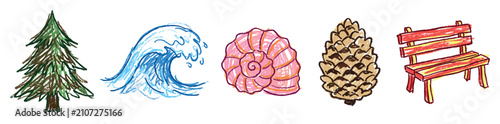 Nature and outdoor elements icons set. Natural world and park objects concept. Includes pine tree, ocean wave, seashell, pine cone, wooden bench. Hand-drawn doodle style