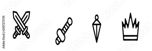 Schilderij op canvas Collection of four distinct line art symbols featuring crossed medieval swords a
