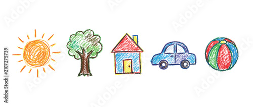 Children's drawings icons set. Playful childhood and education concept. Includes sun, tree, house, car, beach ball. Hand-drawn crayon style
