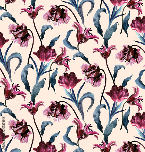 Seamless floral pattern with hand-drawn dark magenta and purple tulips with blue-green leaves on cream background for digital textile print