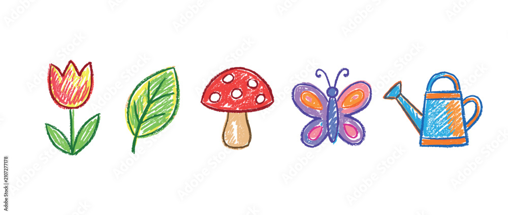 Obraz premium Nature and garden icons set. Children's drawing and spring concept. Includes tulip flower, green leaf, mushroom, butterfly, watering can. Hand-drawn crayon style