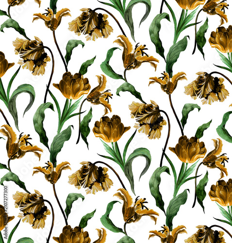 Seamless watercolor vintage floral pattern with golden parrot tulips and green leaves on white background for textile and wallpaper design.