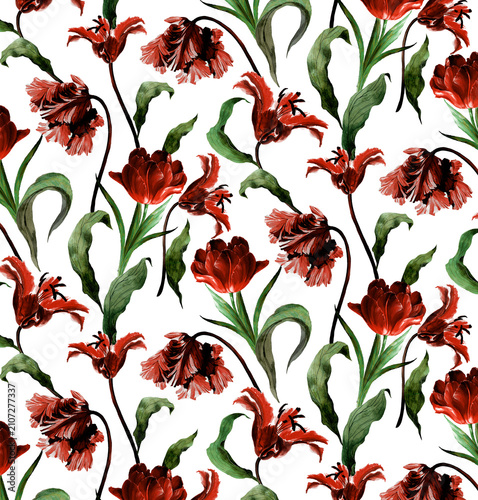 Seamless floral pattern with vintage hand-drawn red tulips and green leaves on white background for digital textile print