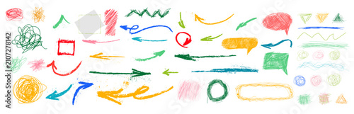 Vibrant collection of hand-drawn scribble elements, including colorful arrows, speech bubbles, lines, and abstract shapes with a playful crayon texture, perfect for creative design projects.