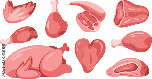 Tableau sur toile Meat products flat vector illustration set