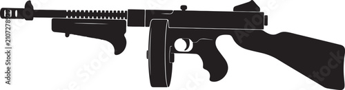 Old gangster tommy gun vector illustration, classic submachine gun silhouette isolated on transparent background.