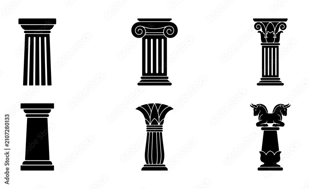 Fototapeta premium Classic Architectural Columns Set, Ancient Greek Roman Egyptian Styles, Vector Icons