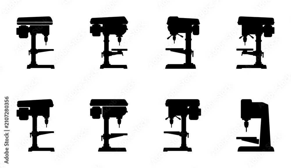 Fototapeta premium Drill Press Icons Set, Workshop Tools Vector Collection, Industrial Machinery Silhouettes
