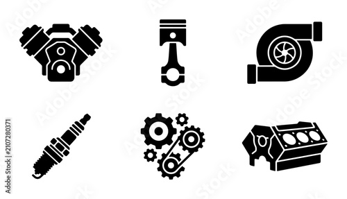 Bild auf Leinwand Automotive Engine Parts Icons Set, Mechanical Components Vector Graphics, Motor