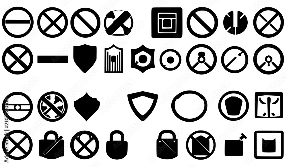 Fototapeta premium Security interface vector icon set with black shields padlocks restriction signs isolated on pure white background