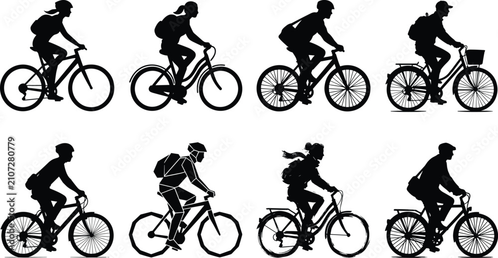Obraz premium Cyclist Silhouette Vector Collection Featuring People Riding Bicycle Icons for Transportation and Urban Mobility