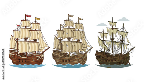 Foto Vector illustration set of vintage pirate ships, old wooden galleons, and damaged ghost vessels isolated on white background