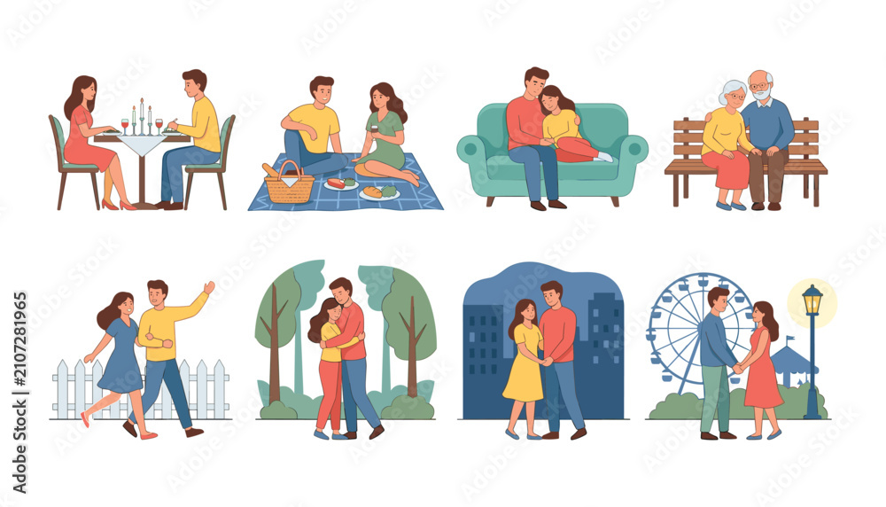 Fototapeta premium Vector illustration set of romantic couples spending time together on various dates isolated on a white background. (17 words)