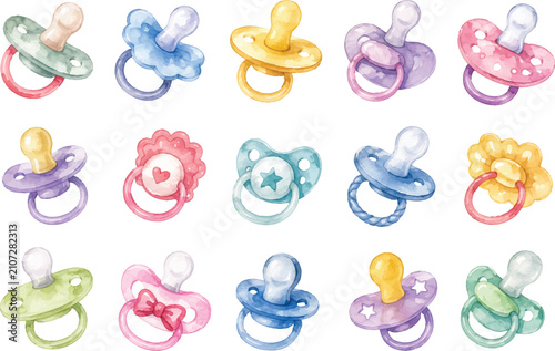 Konstfotografi Cute Watercolor Baby Pacifier Set Colorful Soothers and Dummies Clipart Isolated