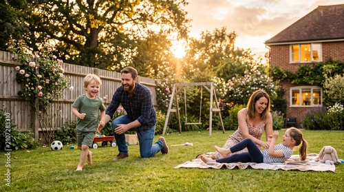 Happy family enjoying a sunny evening playing in their backyard garden with a house in the background