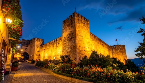 Medieval Castle Walls at Dusk Evening.