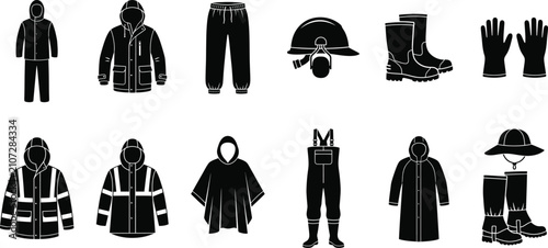 Industrial Rain Protection PPE Icons Set Waterproof Gear Silhouette Vector
