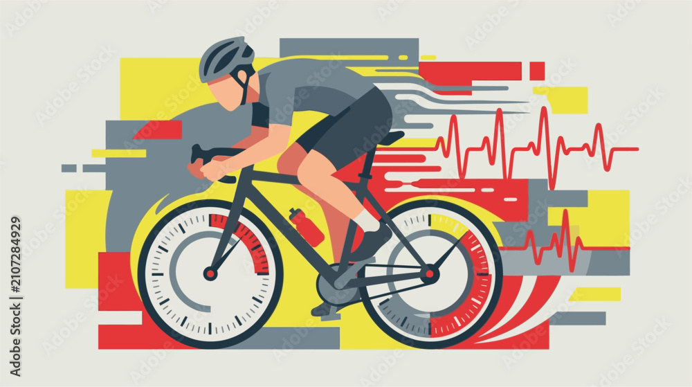 Fototapeta premium Vector graphic representing kinetic energy pulse for cycling, featuring abstract motion lines and heart rate wave patterns on a white background for sports and fitness design.
