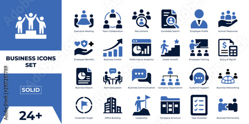 Set of 24 business and management icons in solid style. Icon collection. Simple vector illustration