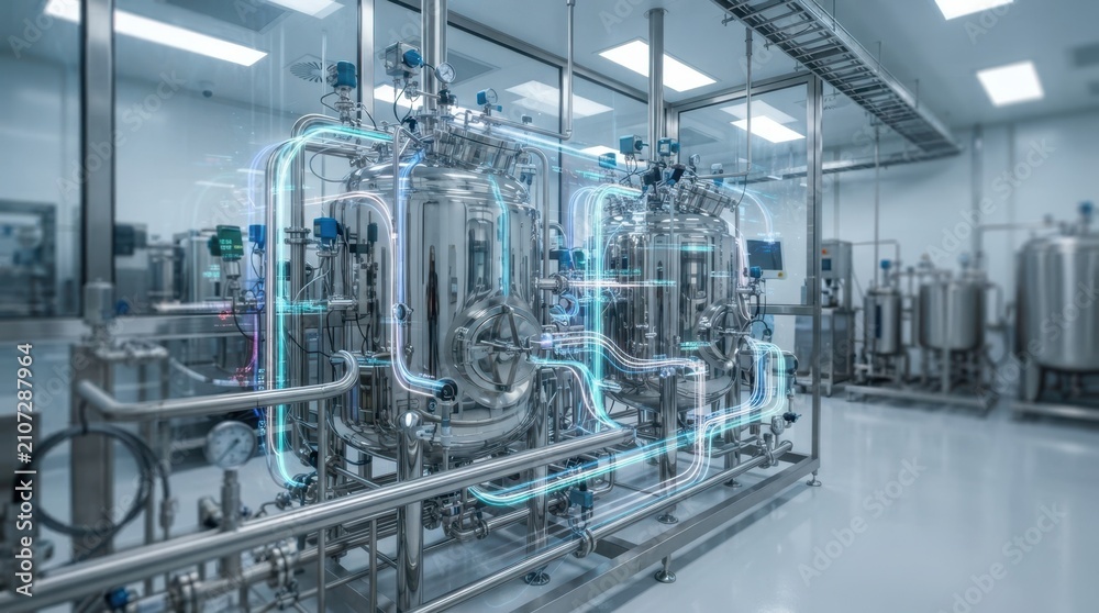 Fototapeta premium Digital twin biopharma manufacturing with mirrored fermenters, sensor nodes, and data flow in a sterile production suite.
