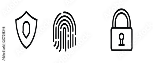 Collection of security and authentication icons  protection shield fingerprint biometric scan and padlock symbol for digital privacy access control and data safety identity verification concepts.