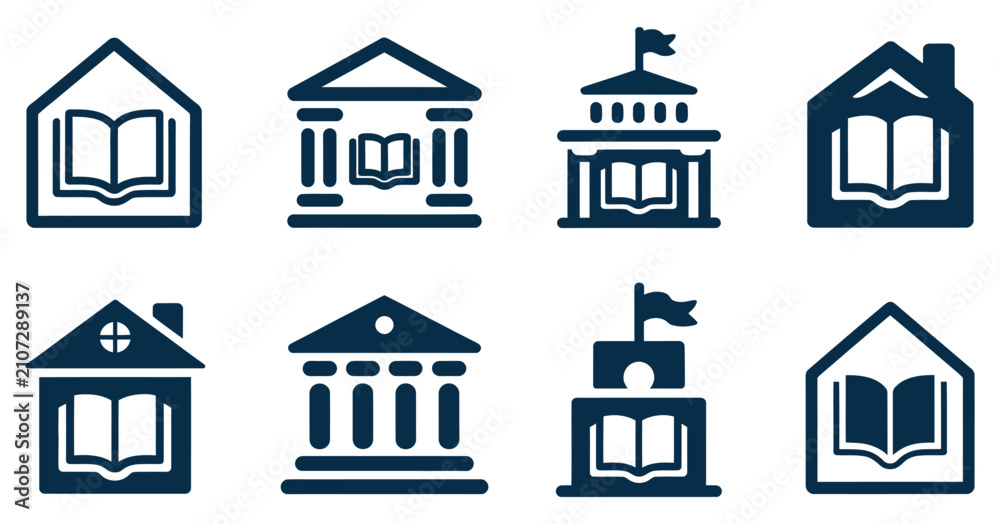 Fototapeta premium Library School University Building Icon Set for Education Campus Learning and Academic Architecture
